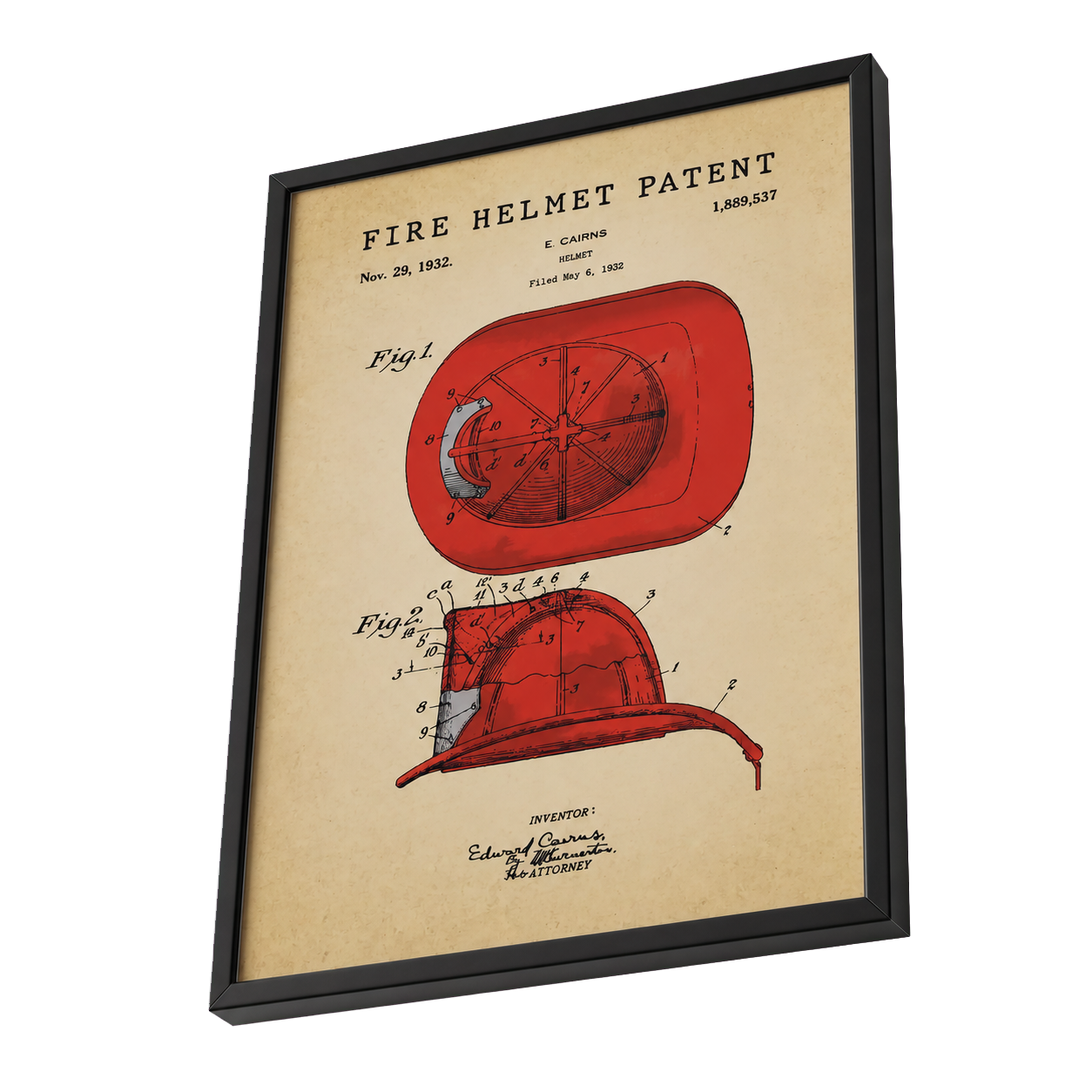 Floating framed Fire Helmet Patent artwork