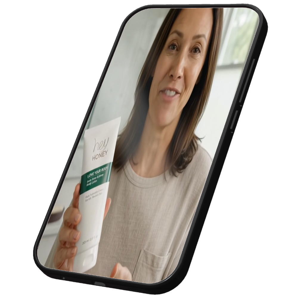 Hey Honey UGC video shown inside a floating phone