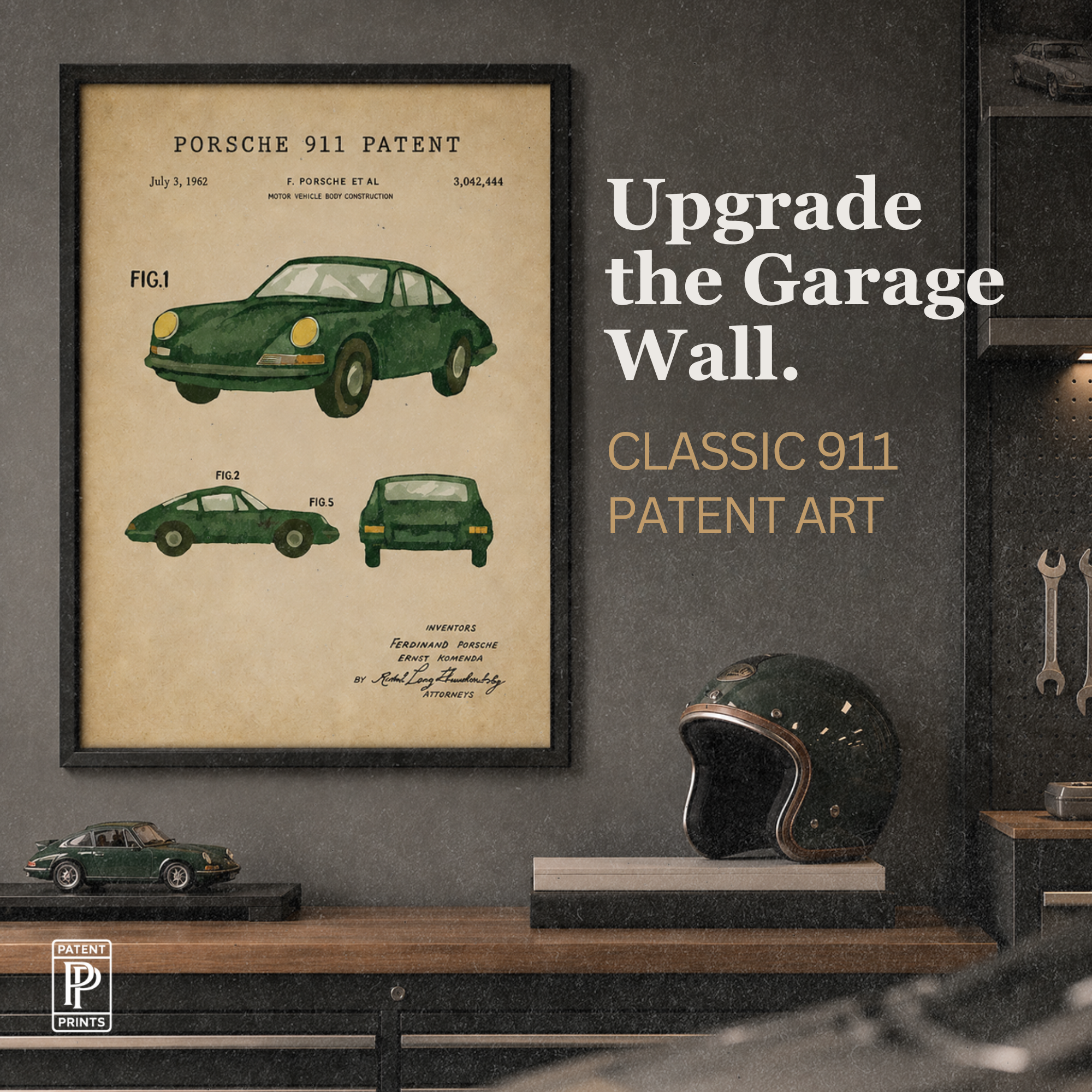 Classic Porsche 911 patent artwork displayed in a garage-inspired interior