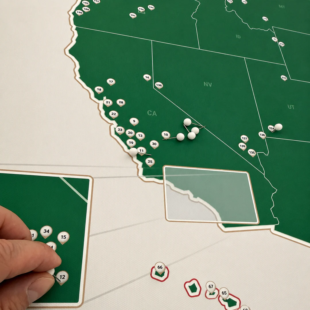 Close-up of numbered golf-course pins being placed on a printed USA map