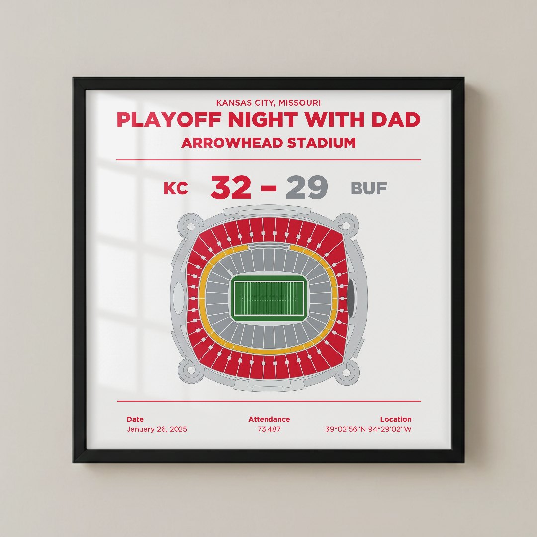 Playoff Night With Dad: Chiefs vs Bills Arrowhead Stadium artwork in a black frame