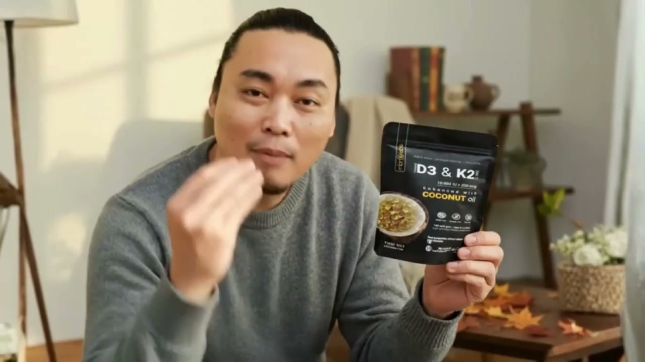 GenAI UGC creator presenting a D3 and K2 coconut oil product