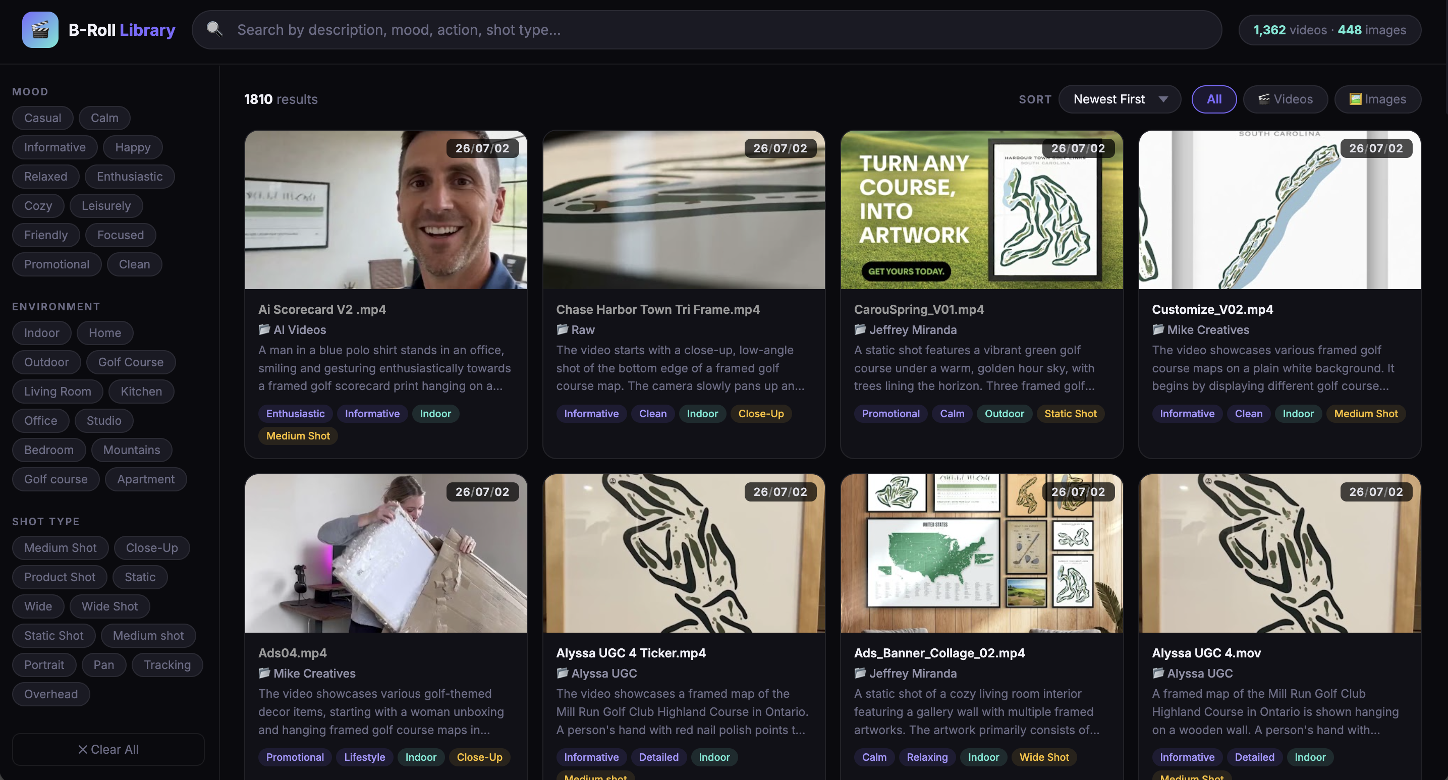 AI B-Roll Library and Ad Builder interface