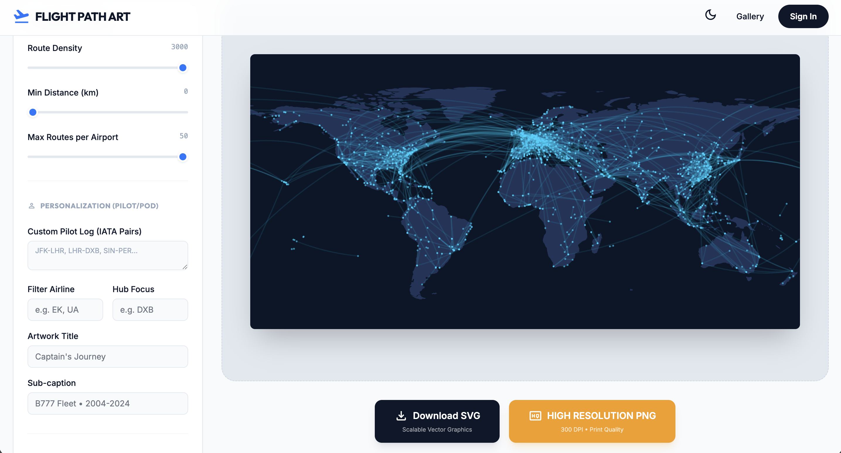 Flight Path Artwork Generator interface