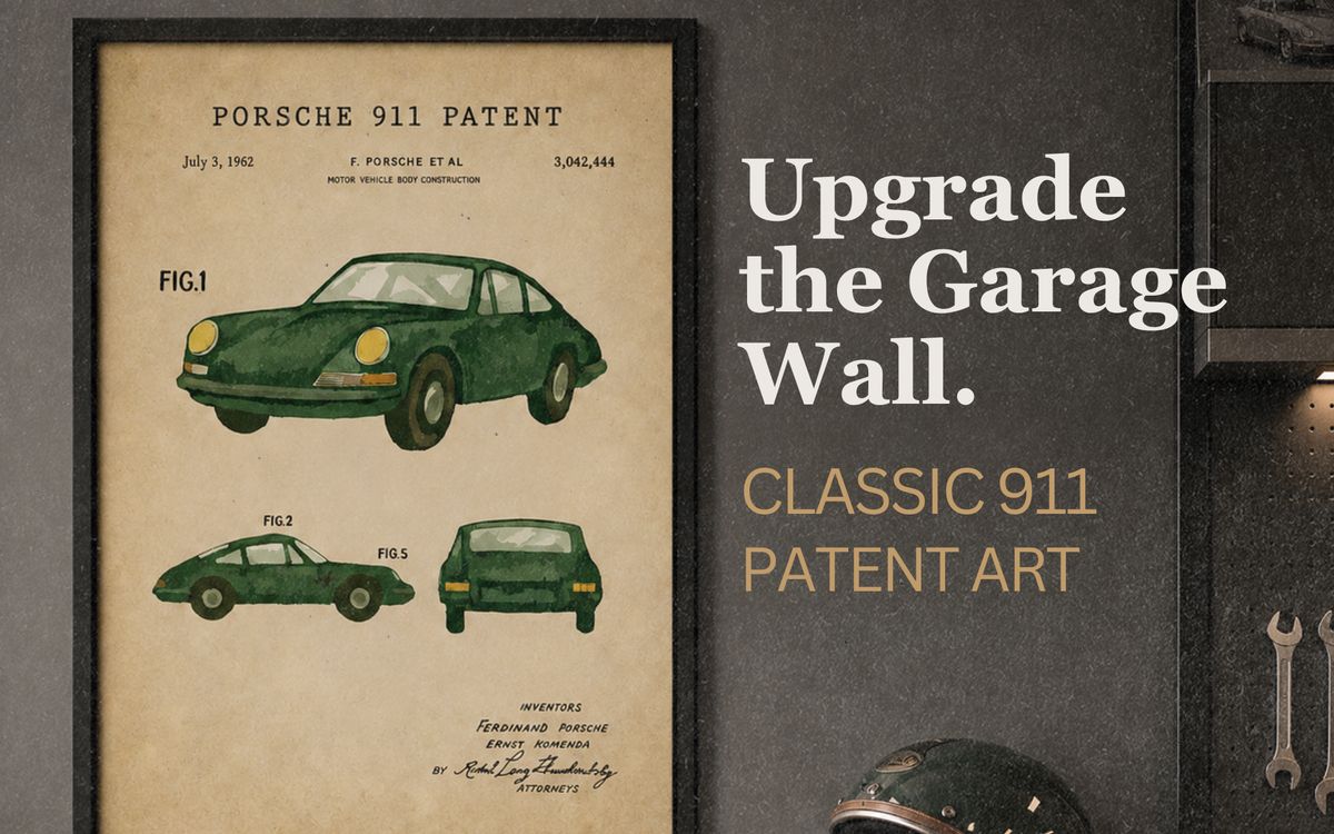 Classic Porsche 911 patent artwork framed in a garage lifestyle scene